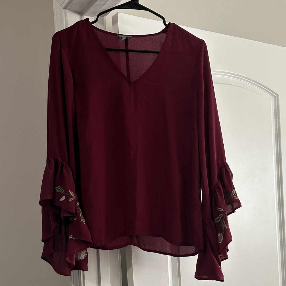 Charlotte Russe Maroon Blouse with Floral Embroidery